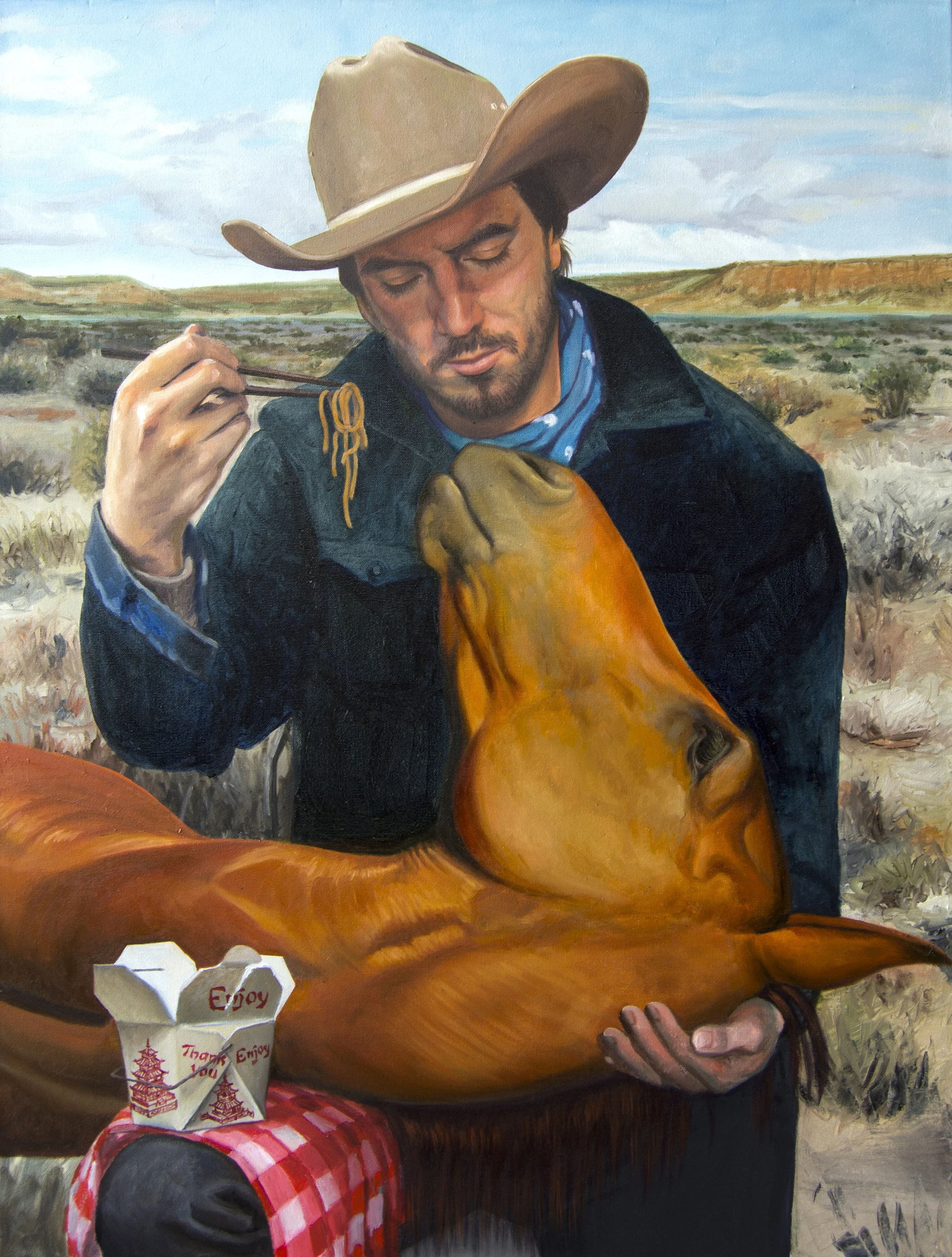 A cowboy feeds his horse lo mein noodles ramen — KYM DAY STUDIO